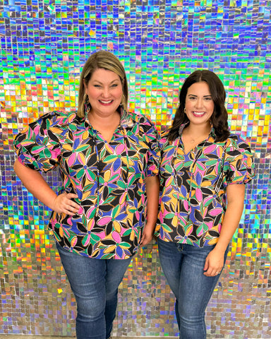 Entro One in a Million Top - Multi, Black, print, short sleeve, puff sleeve, v-neck, plus size, color