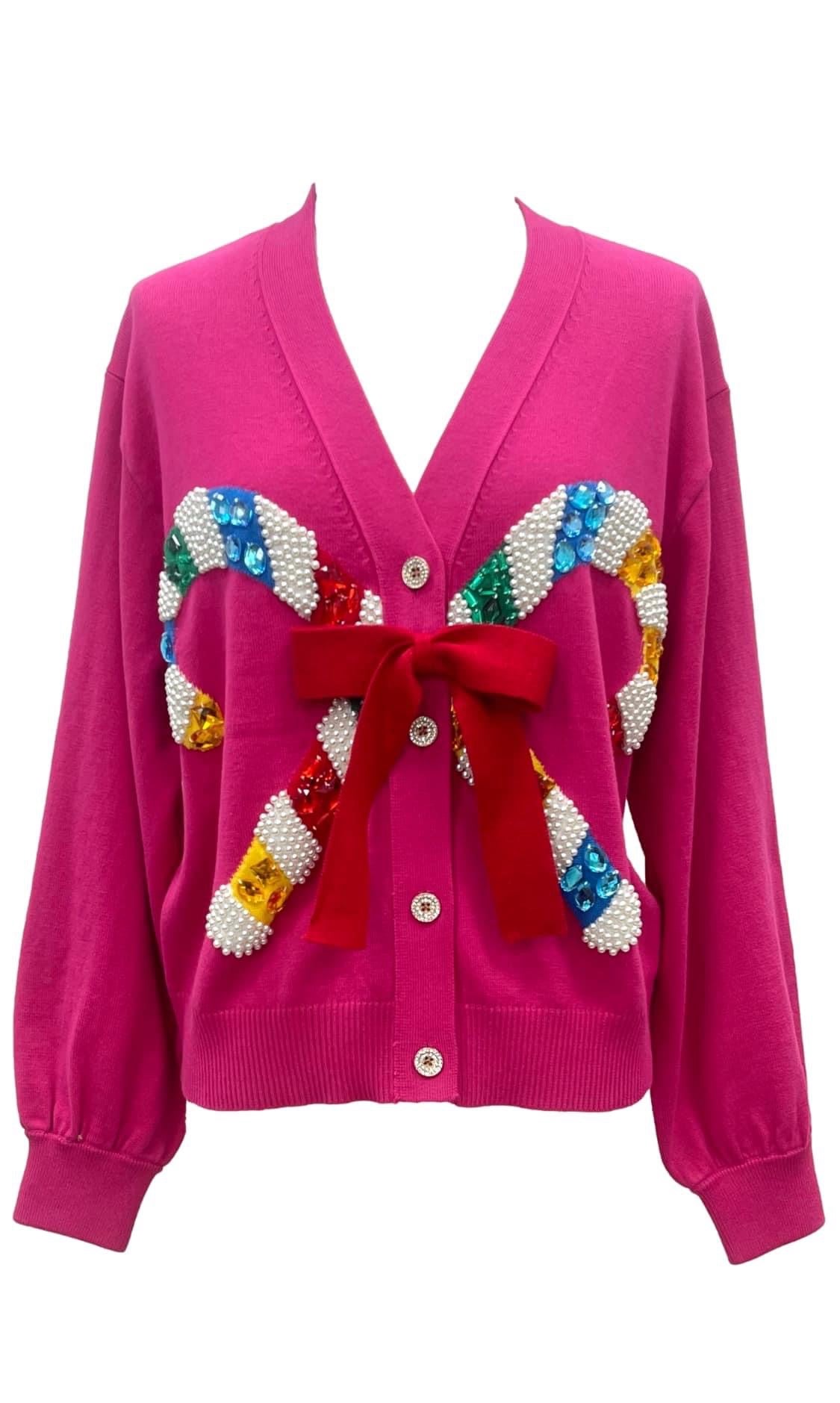 Queen of Sparkles Candy Cane Bow Cardigan - Pink