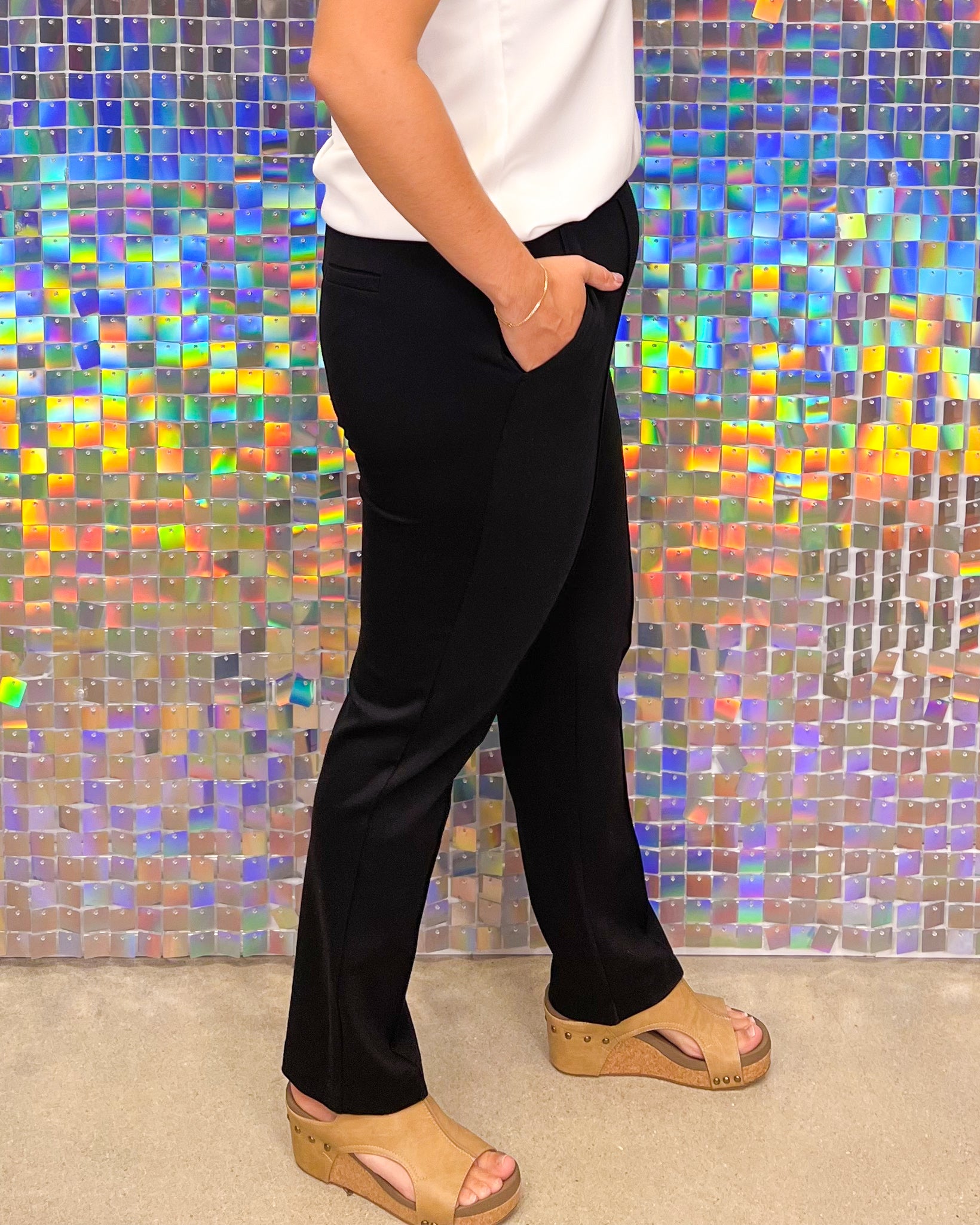 Skies are Blue Work Work Work Dress Pants - Black, tapered leg, pull on, from pockets, pin tuck detail, plus size