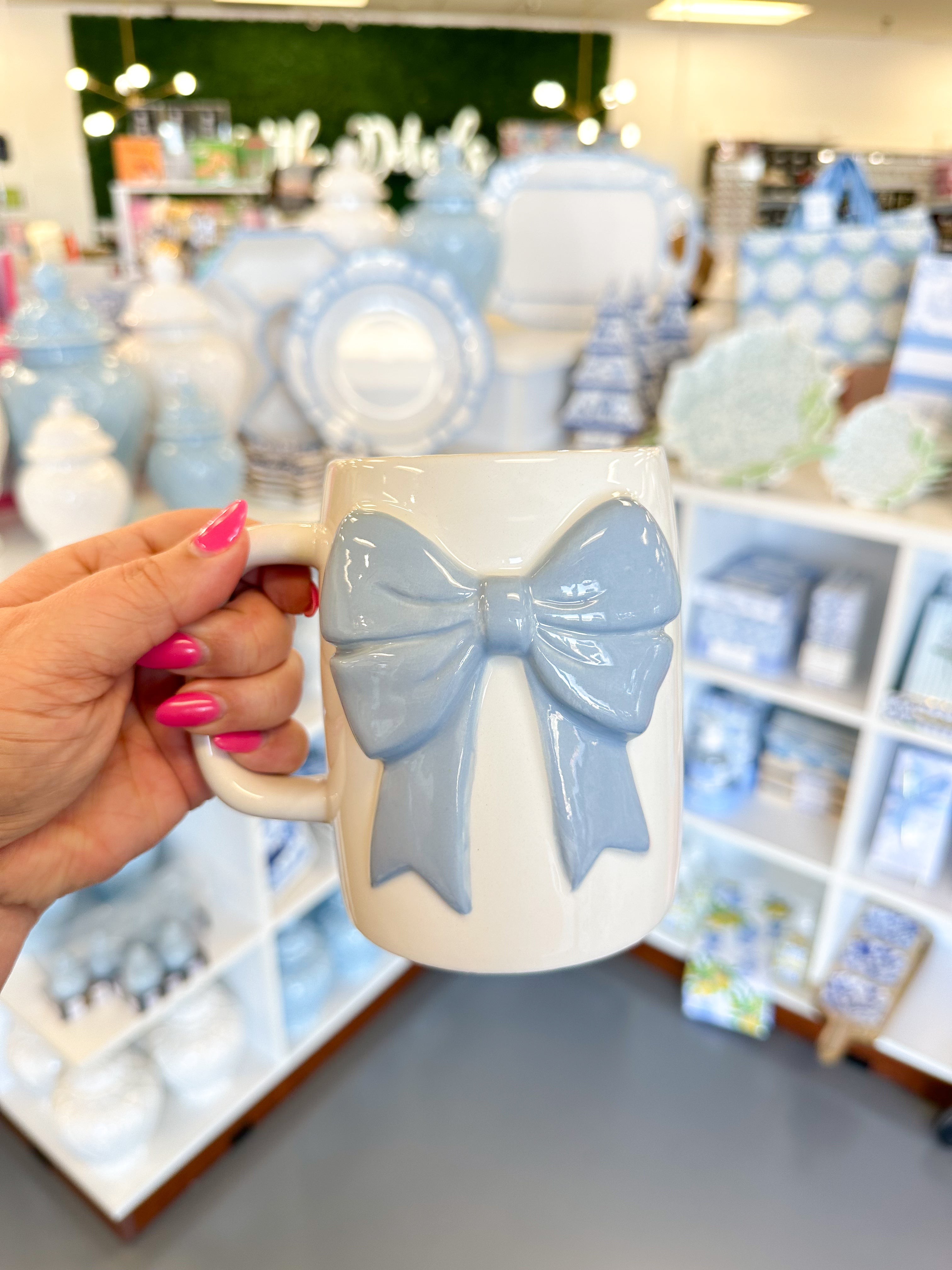 Mary Square Ceramic Mugs - Blue Bow