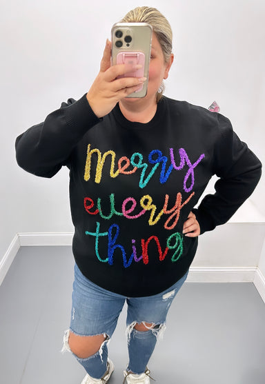 Queen of Sparkles Merry Everything Glitter Script Sweater - Black