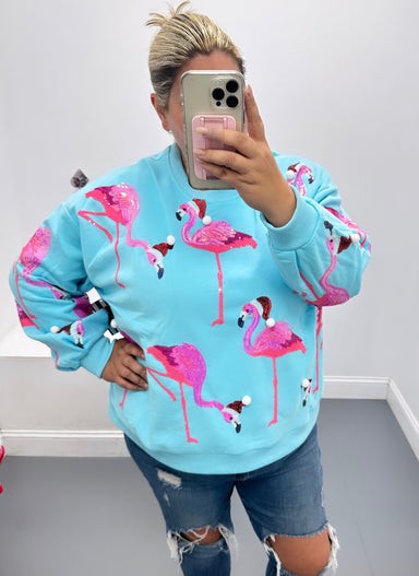 Queen of Sparkles Santa Hat Flamingo Sweatshirt - Aqua