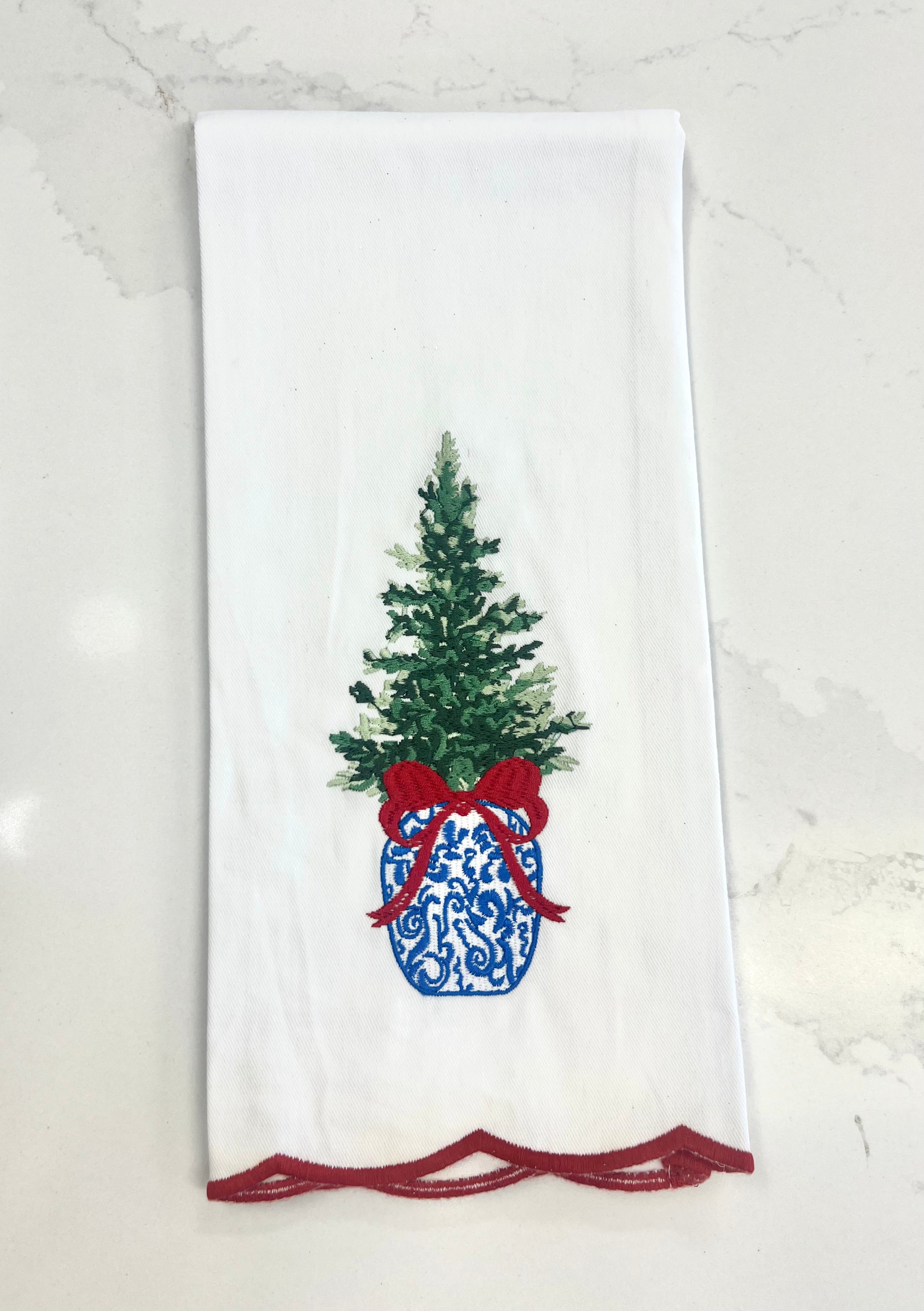 Mary Square Tea Towel - Embroidered Chinoiserie Tree