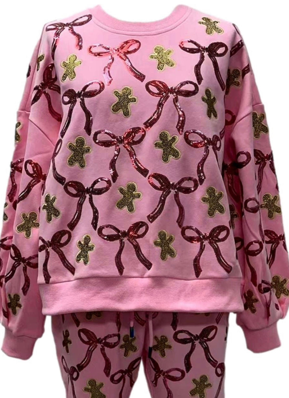 Queen of Sparkles Gingerbread Men & Bows Sweatshirt - Light Pink