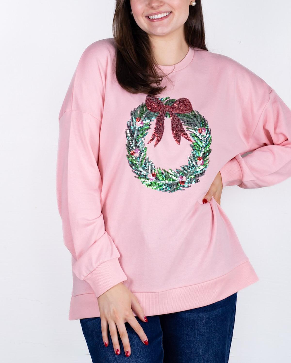 Clara Wreath Sequin Sweatshirt - Light Pink/Red/Green
