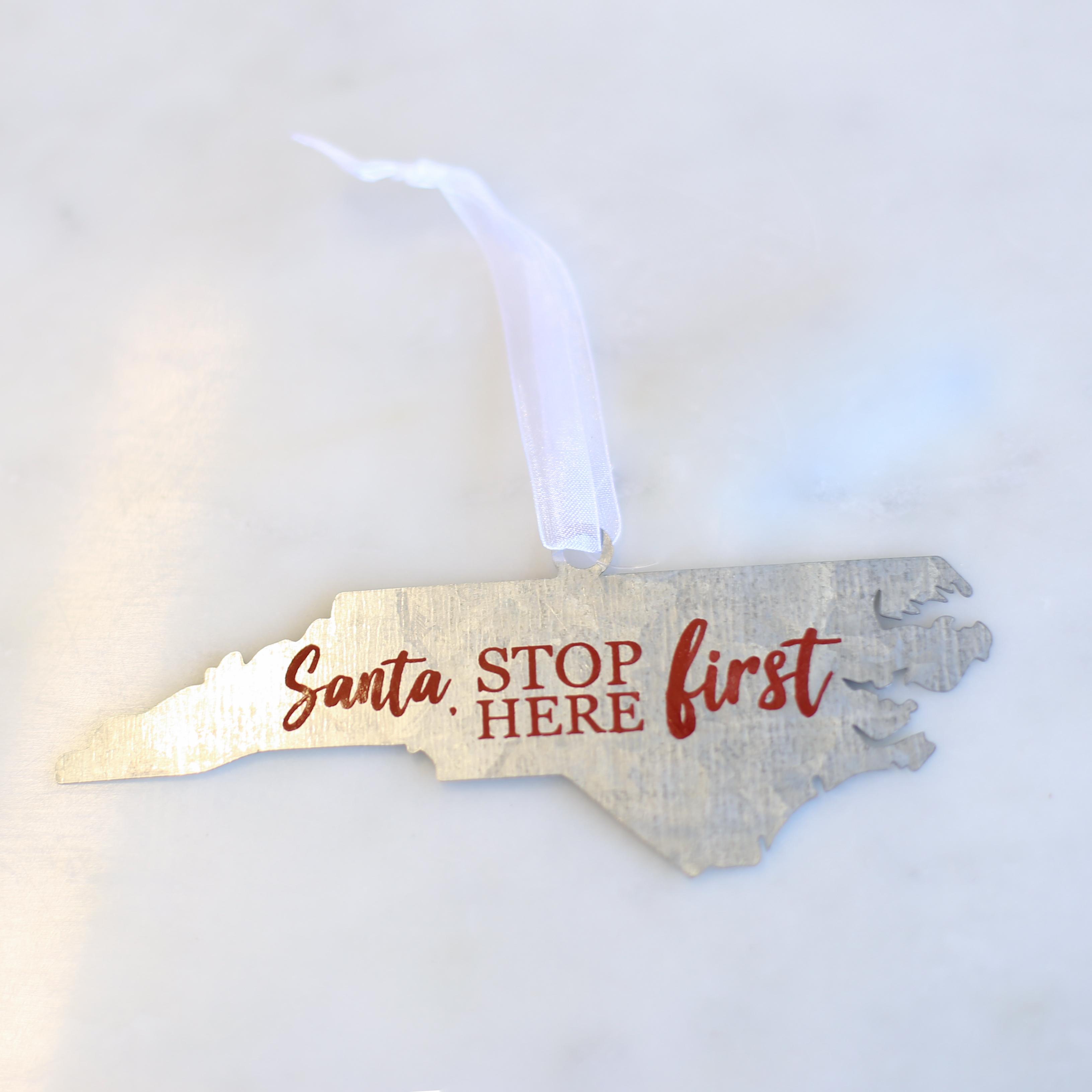 Galvanized North Carolina Santa Ornament - Silver