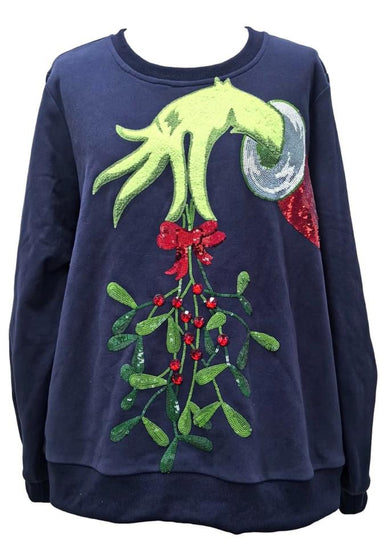 Queen of Sparkles Grinch Mistletoe Hand Sweatshirt - Navy