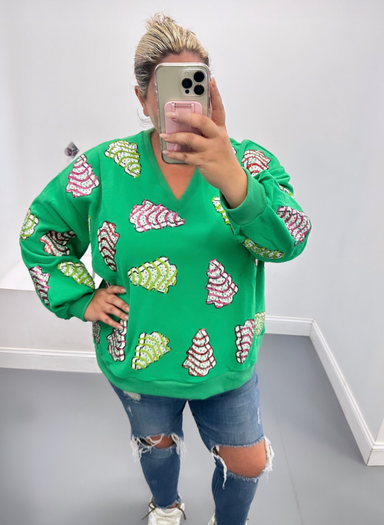 Queen of Sparkles Little Debbie Trees V-Neck Sweatshirt - Green