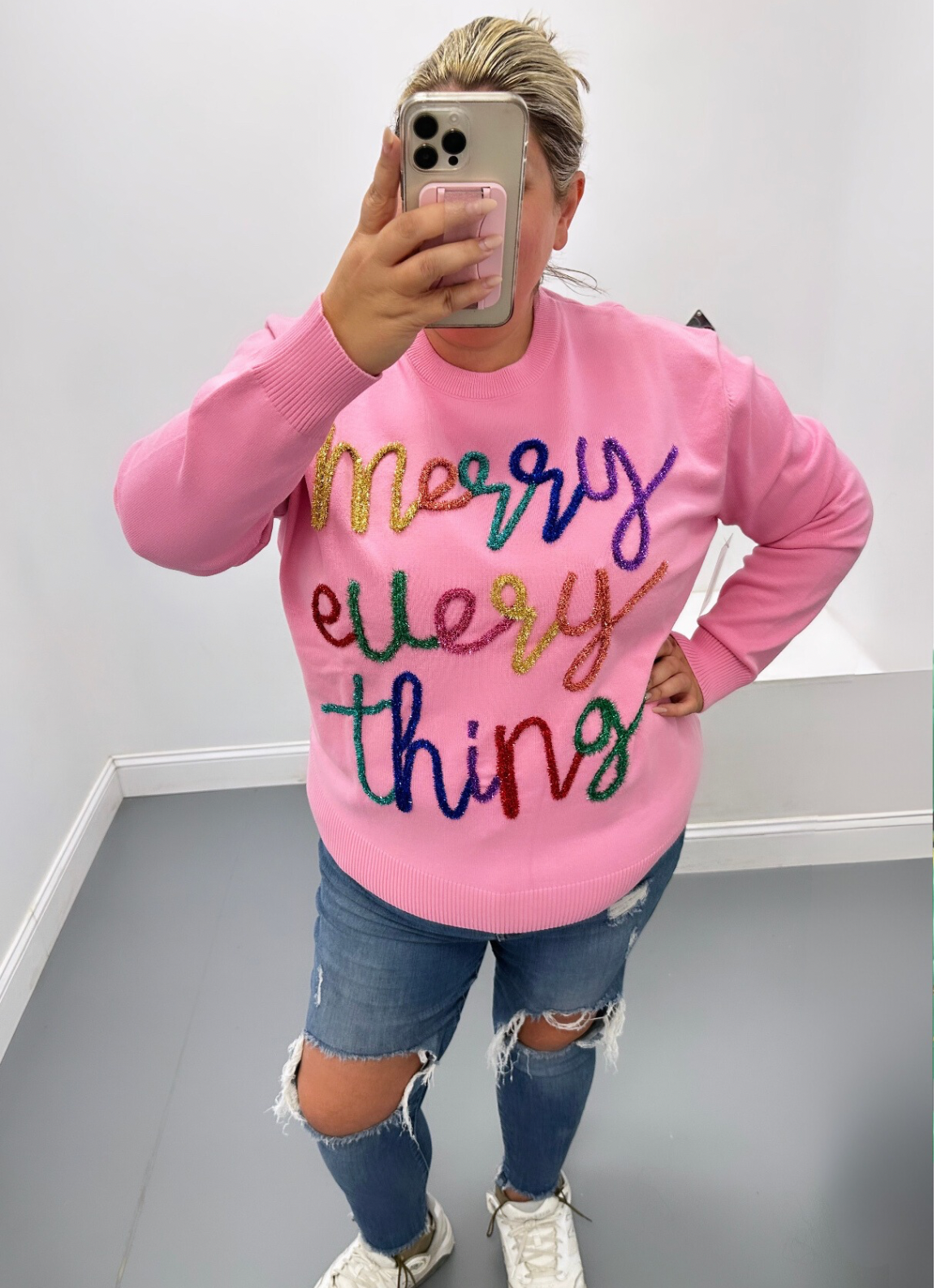 Queen of Sparkles Merry Everything Glitter Script Sweater - Pink