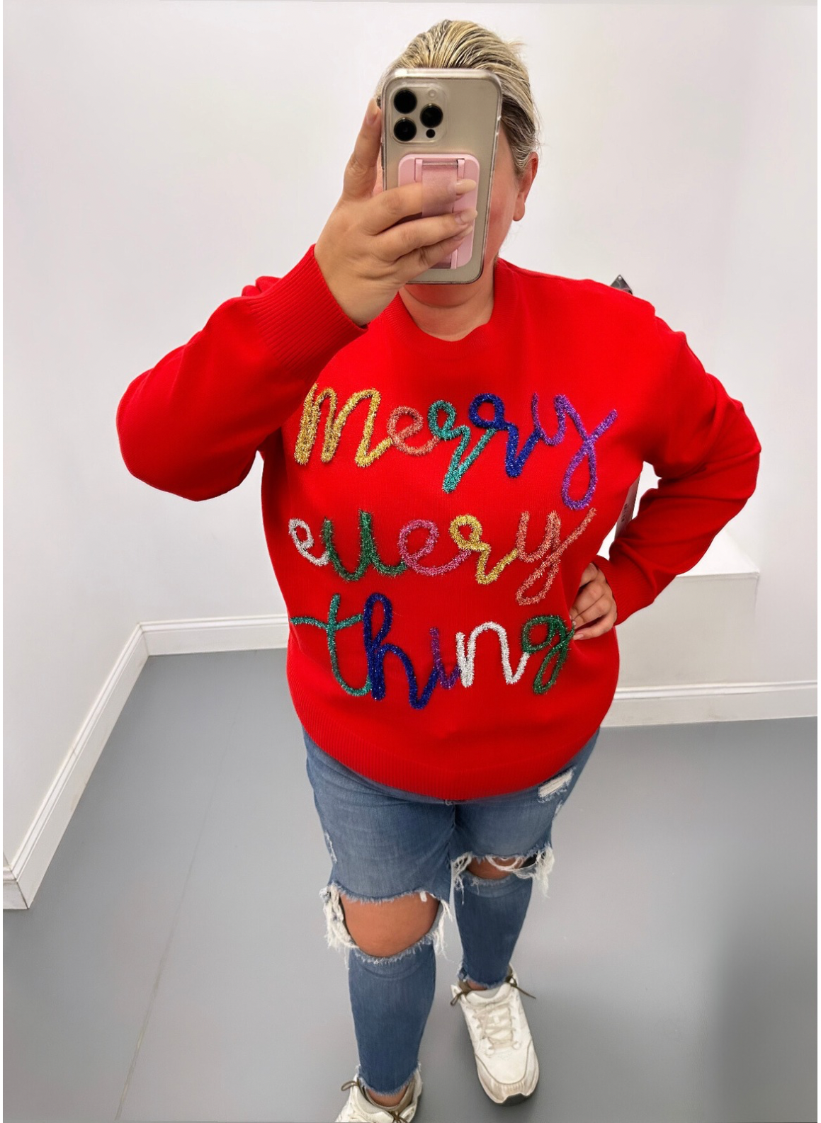 Queen of Sparkles Merry Everything Glitter Script Sweater - Red