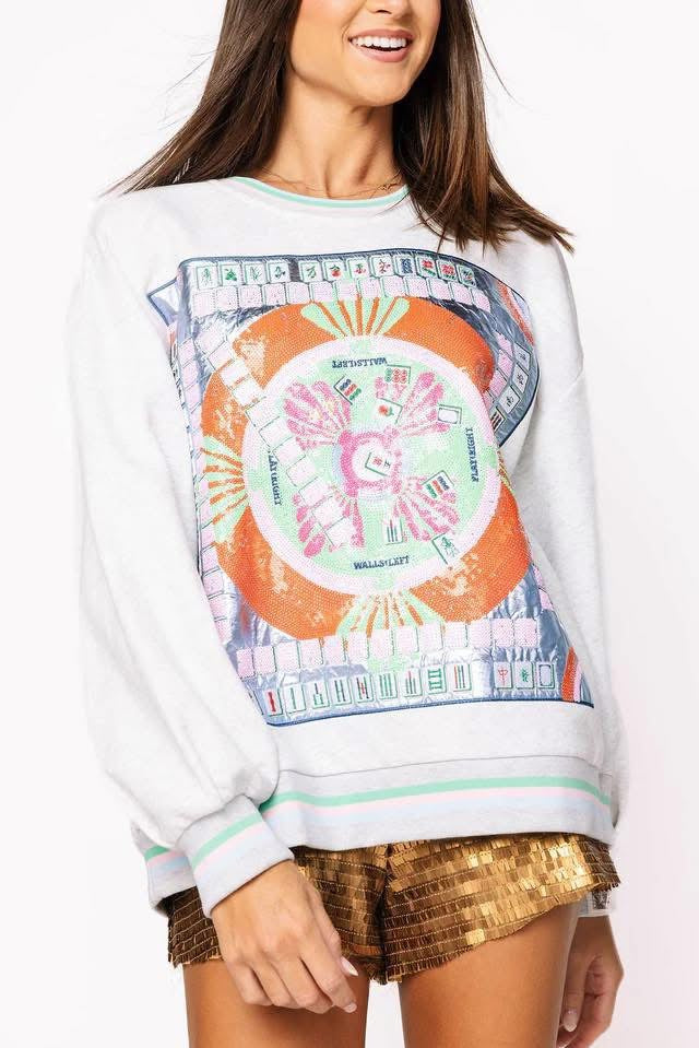 Queen of Sparkles Mahjong Table Sweatshirt - Grey/Multi