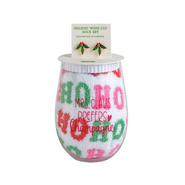 Holiday Wine Cup Sock Set - Holly