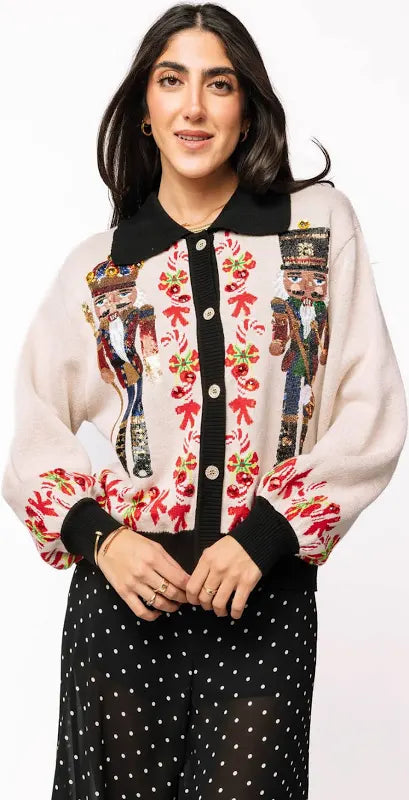 Queen of Sparkles Nutcracker & Candy Cane Button Up Cardigan - Oatmeal/Black