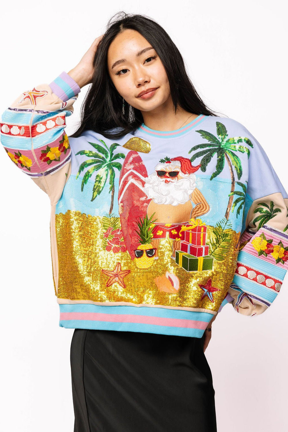 Queen of Sparkles Vintage Vacation Santa Sweatshirt - Blue/Gold