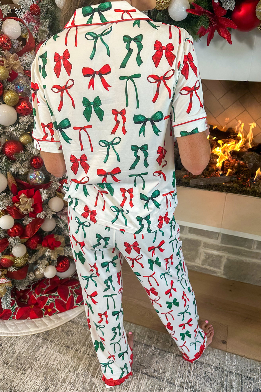 Midnight Bow Christmas Edition Ruffle Pajama Set - White