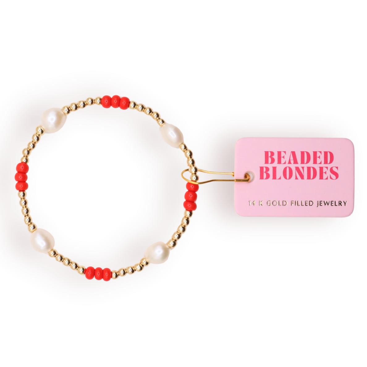 Beaded Blondes Bright Red Pearl Poppi Beaded Bracelet - Gold