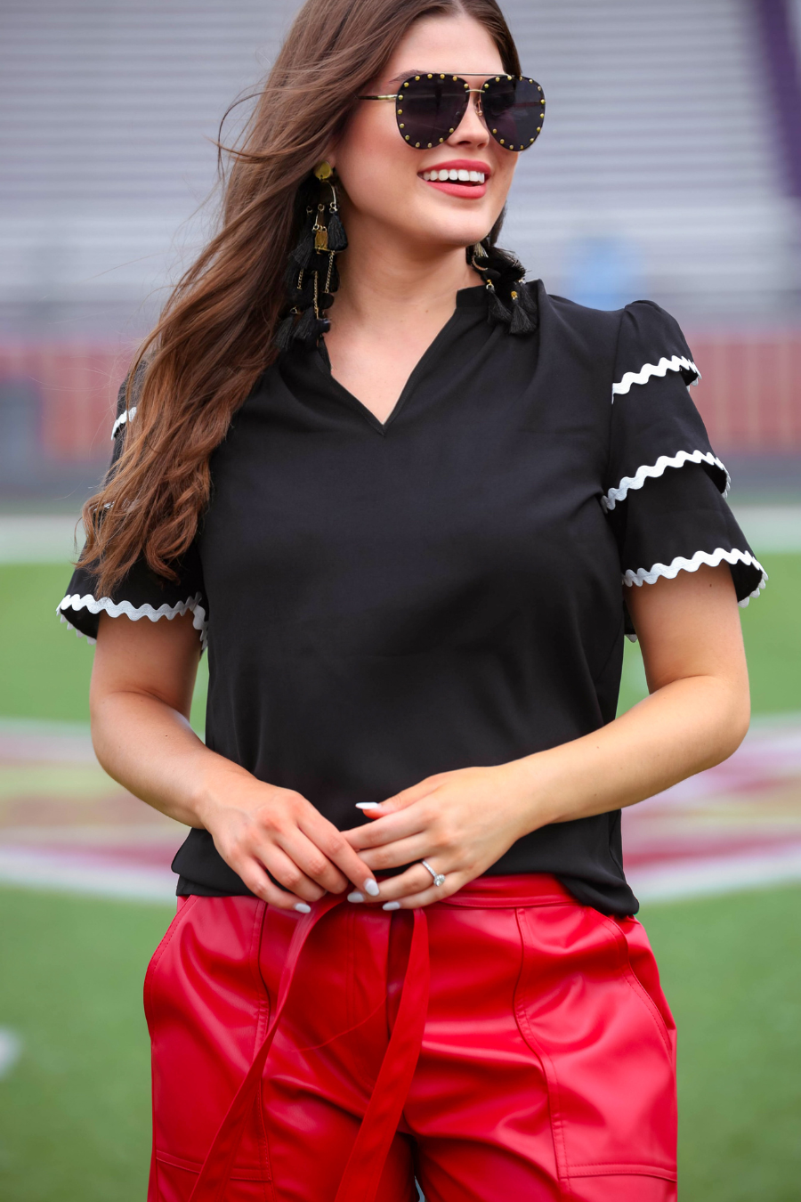 Jess Lea Sideline Style Ric Rac Top - Black, game day, v-neck, short sleeve