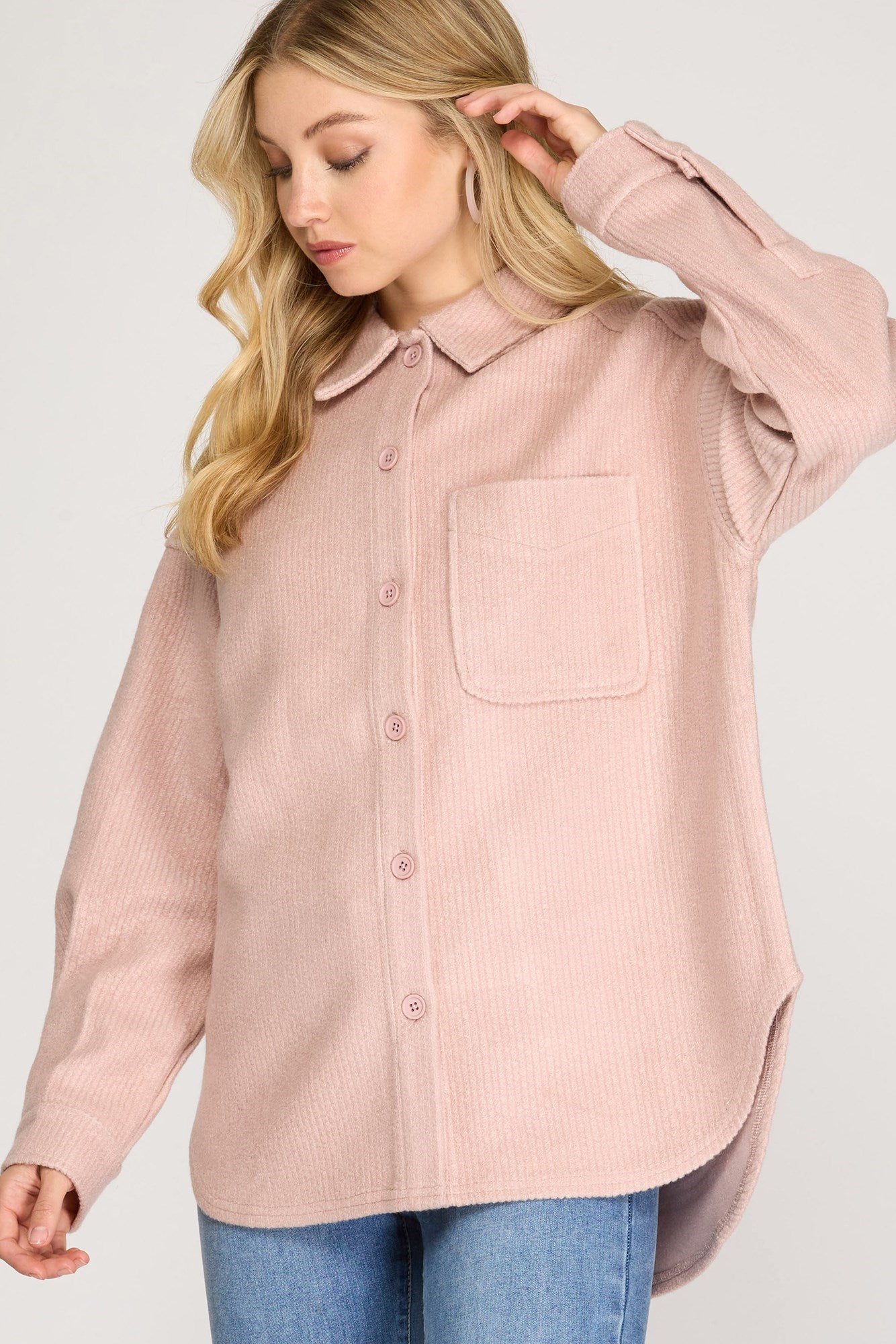 She & Sky Stay Cozy Shacket- Rose, long sleeve, button down, collared, pocket