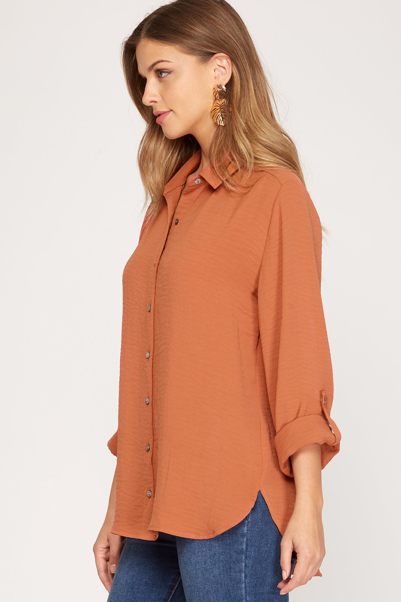 She & Sky Working All Day - Rust, long roll up sleeve, button down, collared  Edit alt text