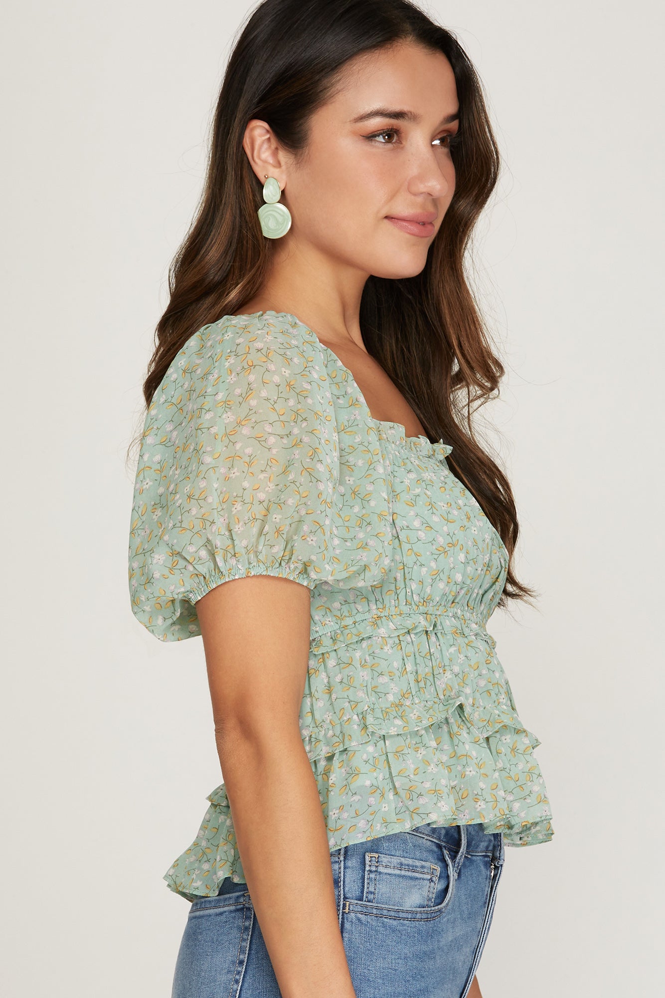 She&Sky Frolicking Fields Top - Sage, square neck, short puff sleeves, floral print, smocked, ruffle bottom