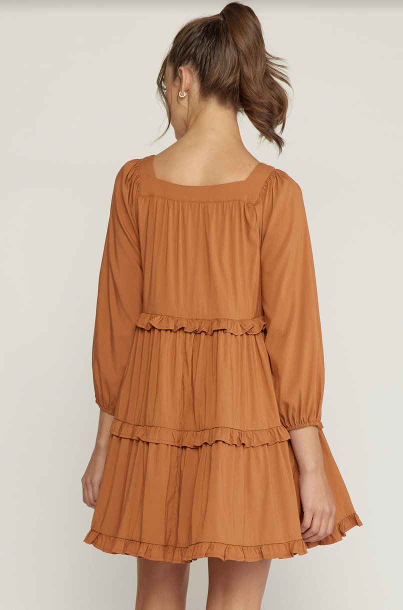 Entro Love Yourself Always Dress - Copper,long sleeves, square neck, ruffle tiers