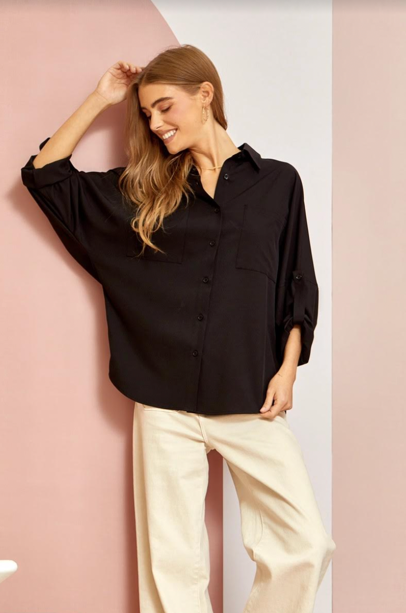 Andree by Unit Hard Working Lady Top- Black, long sleeve, button down, collared, two front chest pockets, tab rollable sleeve, curvy