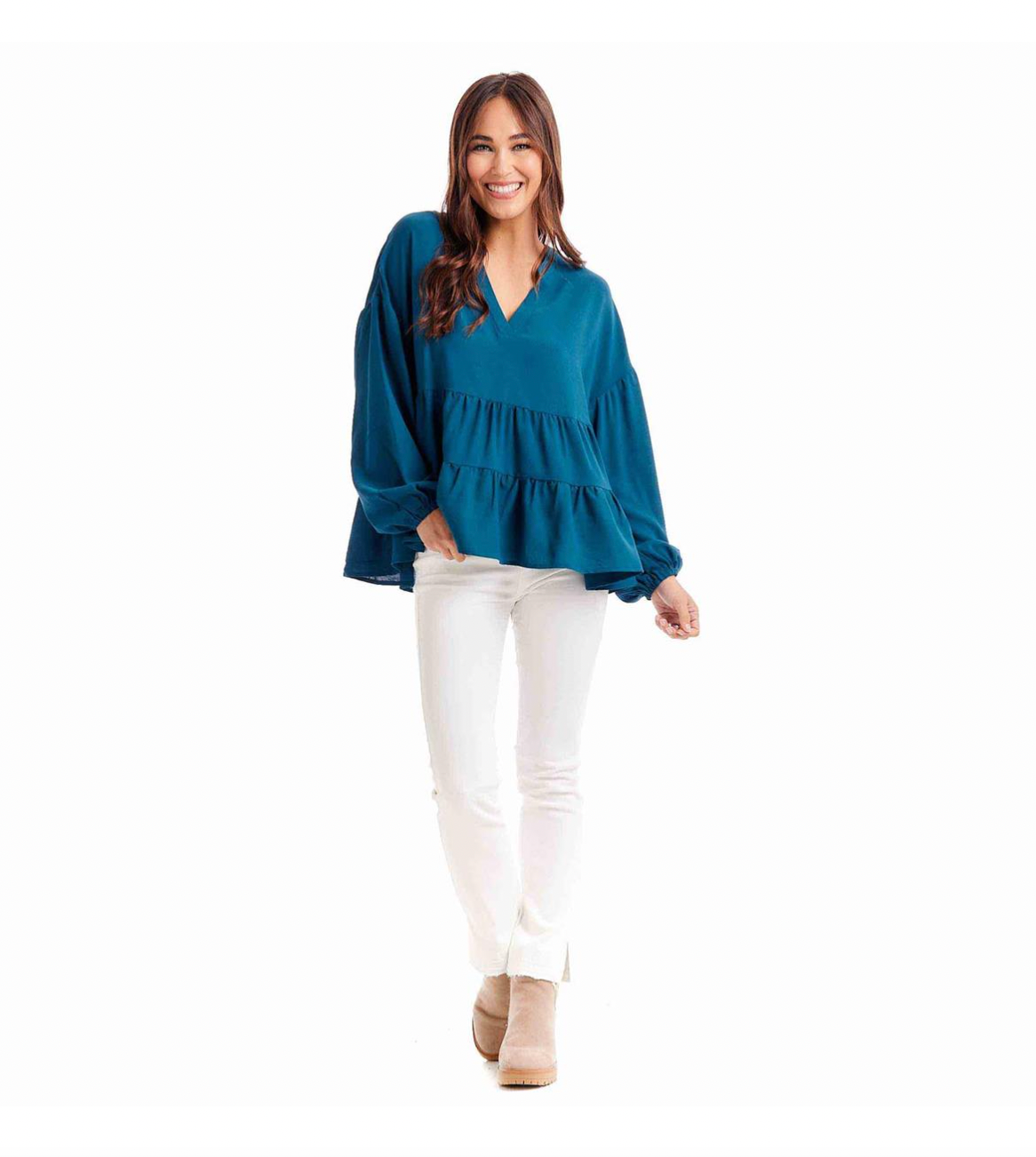 Mud Pie Orleans Flounce Top - Blue, long sleeve, tiered, v-neck, flowy