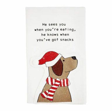 Mud Pie He Sees You When You’re Eating Christmas Dog Appliqued Dish Towel