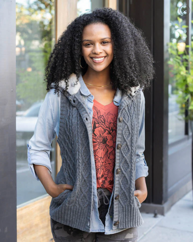 Grace & Lace Hooded Cable Knit Vest - Charcoal, cable knit, sherpa hood, button down, sleeveless