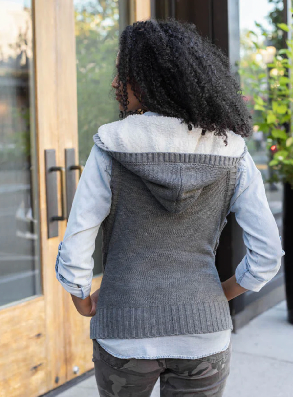 Grace & Lace Hooded Cable Knit Vest - Charcoal, cable knit, sherpa hood, button down, sleeveless