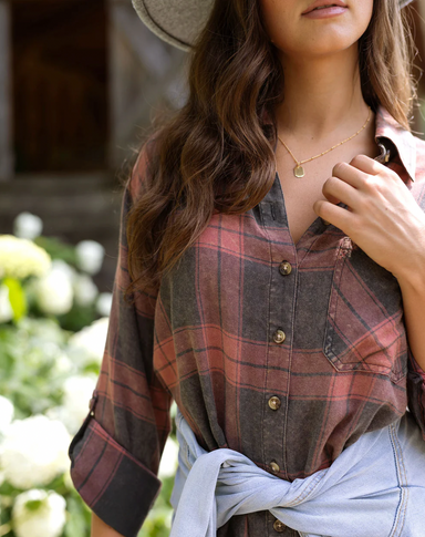 Grace & Lace Aspen Plaid Shirt Dress - Teal/Rust Plaid, long sleeve, plaid, button down, collared, pocketv