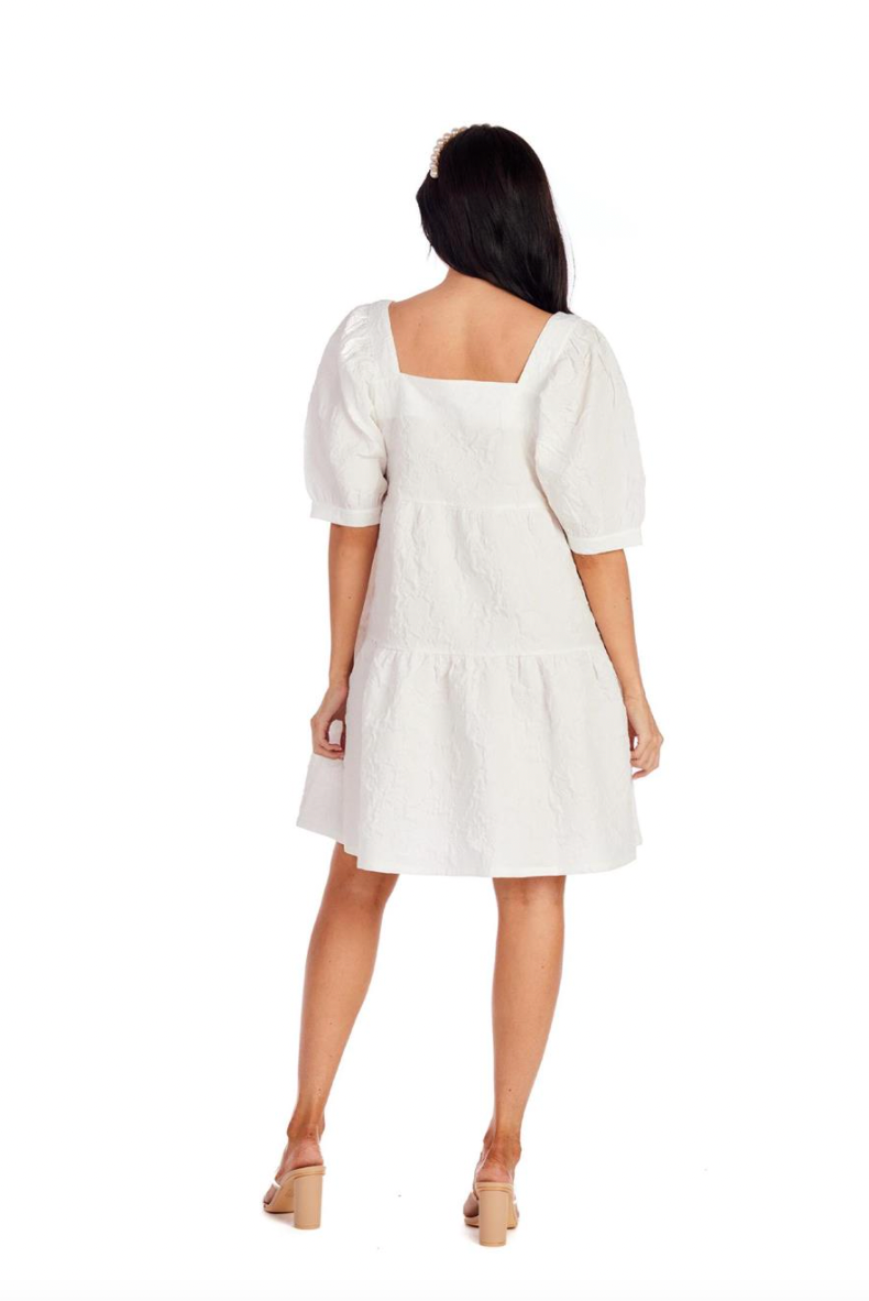 Mud Pie Barbara Tiered Dress - White, short puff sleeves, tiered, square neckline
