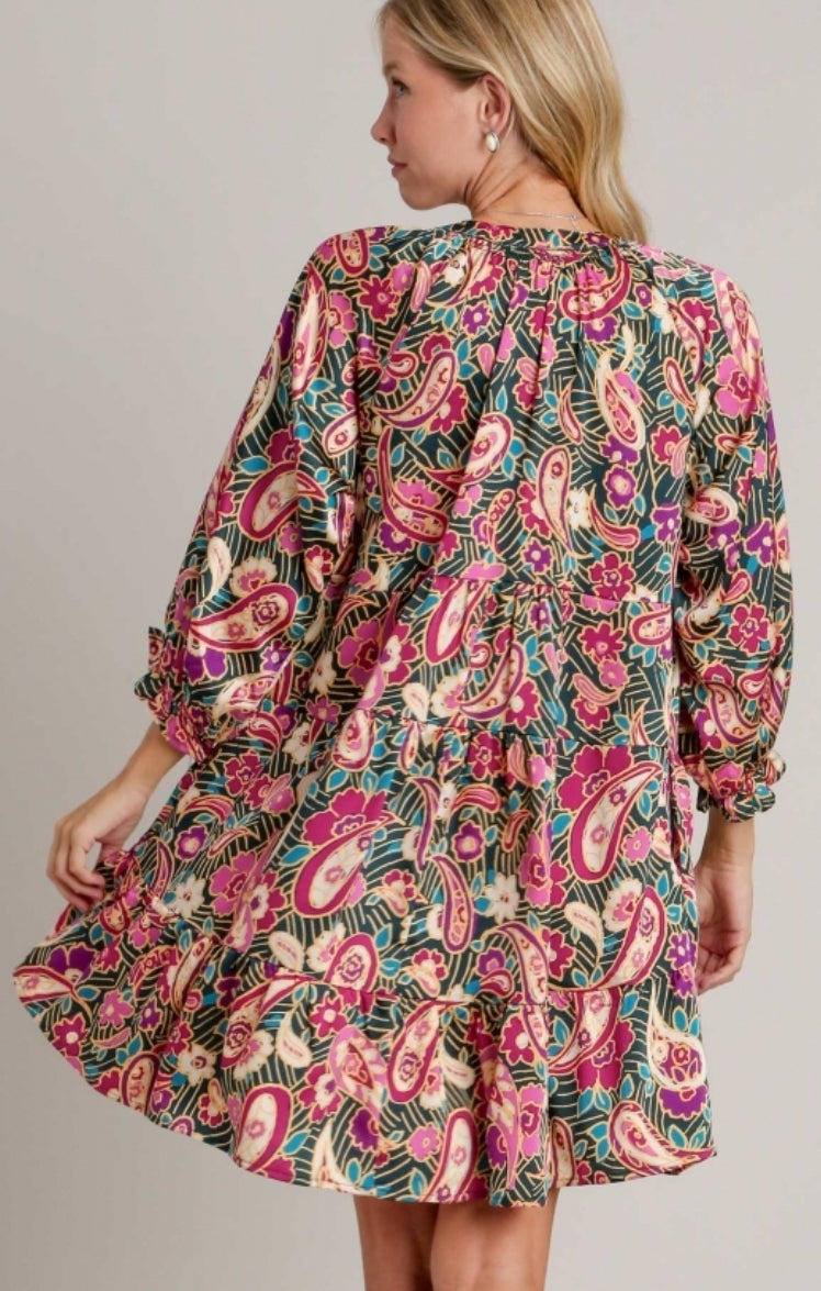 Umgee Paisley Dress - Teal, 3/4 sleeve, v-neck, paisley printed, tiered, mini dress