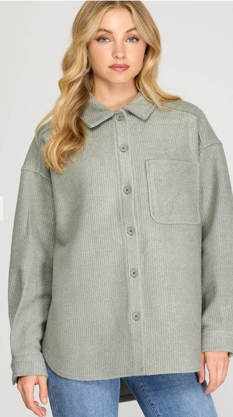 She & Sky Stay Cozy Shacket- light sage, long sleeve, button down, collared, pocket