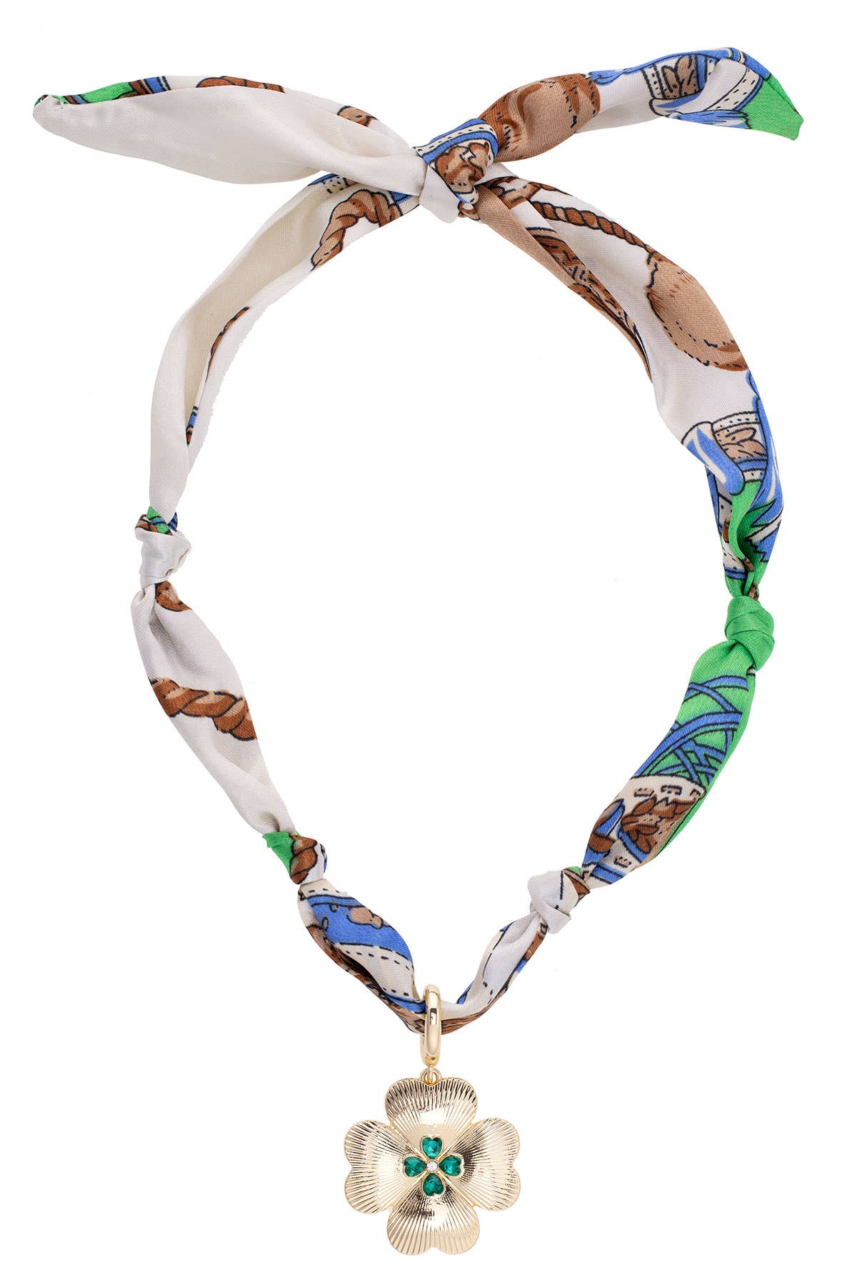 Gracie Rhinestone Clover Scarf Necklace in Green/Brown/White