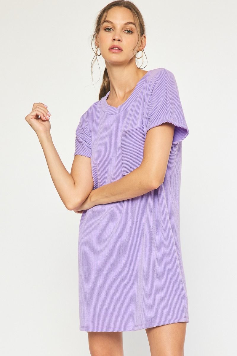 Entro Funday Dress -Lavender, short sleeve, mini, ribbed, front pocket, plus size