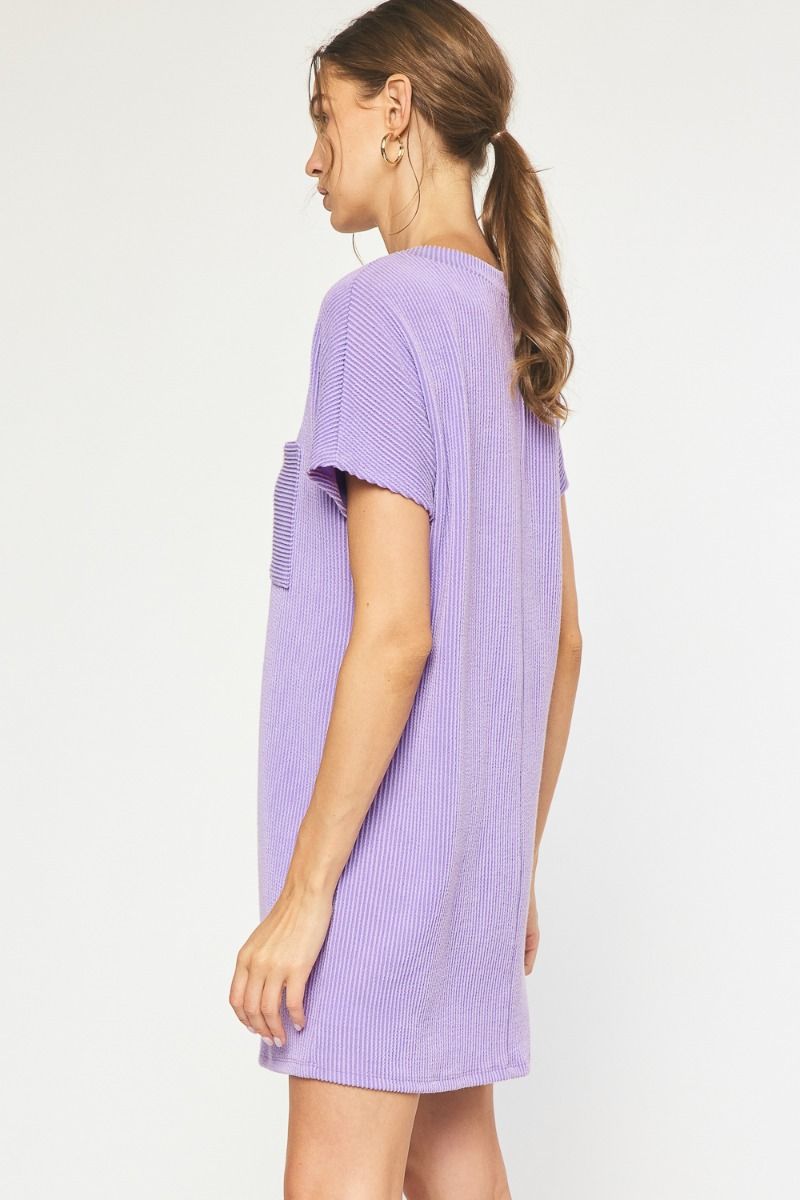 Entro Funday Dress -Lavender, short sleeve, mini, ribbed, front pocket, plus size
