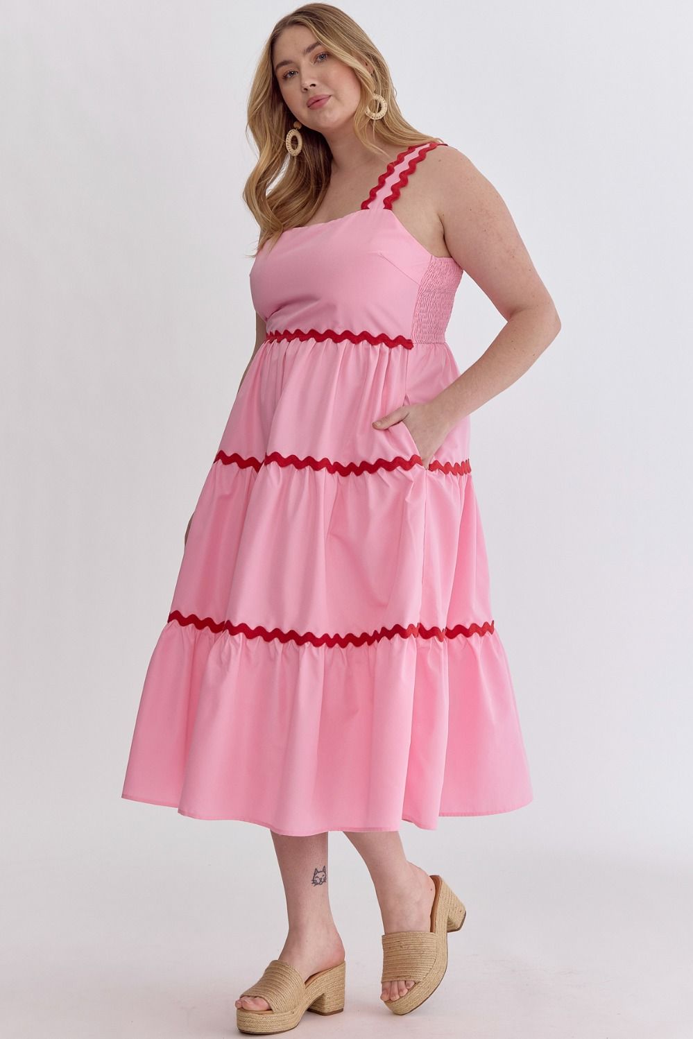  Entro Bianca Ric Rac Dress -Pink, sleeveless, ric rack trim, tiered, square neck, pockets, smocking at back, plus size