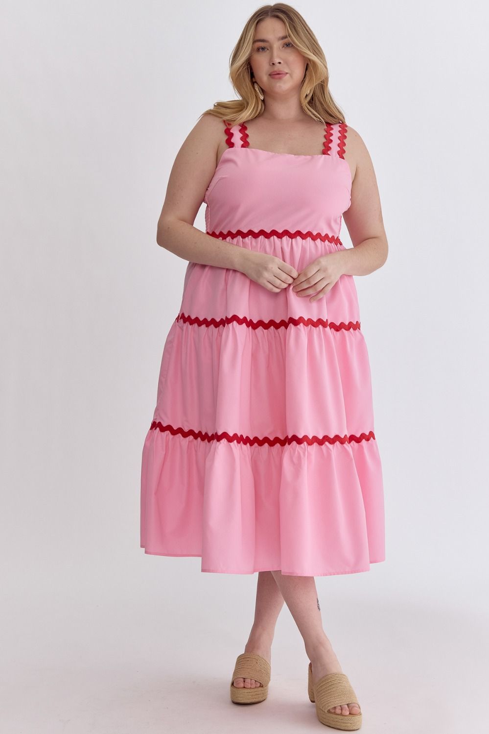 Entro Bianca Ric Rac Dress -Pink, sleeveless, ric rack trim, tiered, square neck, pockets, smocking at back, plus size