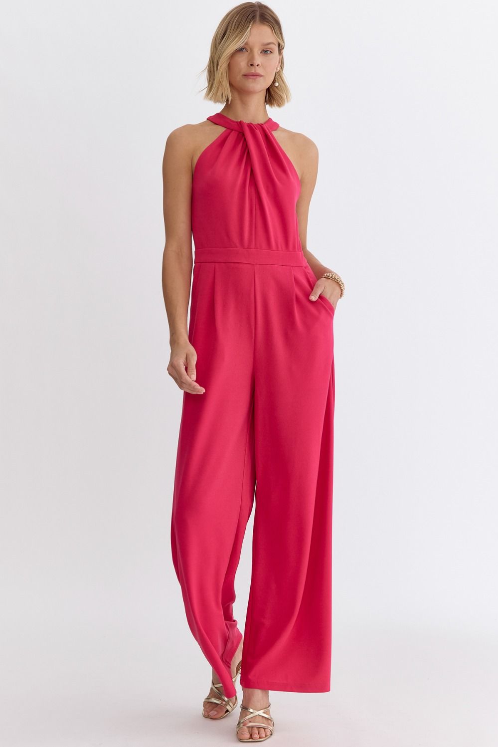Entro Live It Up Jumpsuit - Hot Pink, halter neck, sleeveless, pockets, pleated pants, pockets, wide leg, keyhole back