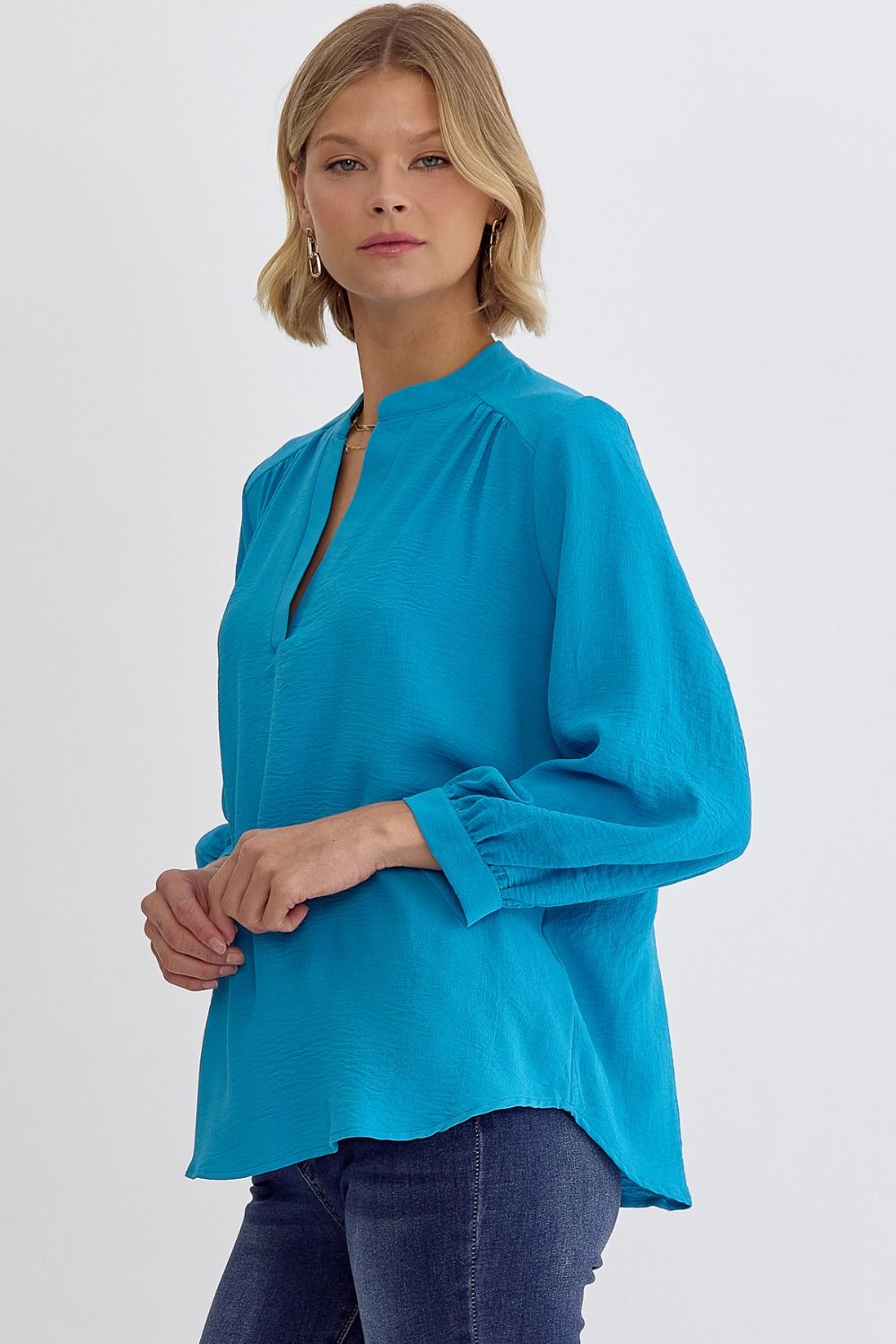 Entro Everyday Top - Ocean Blue. plus, airflow, long sleeve, v-neck, wear to work