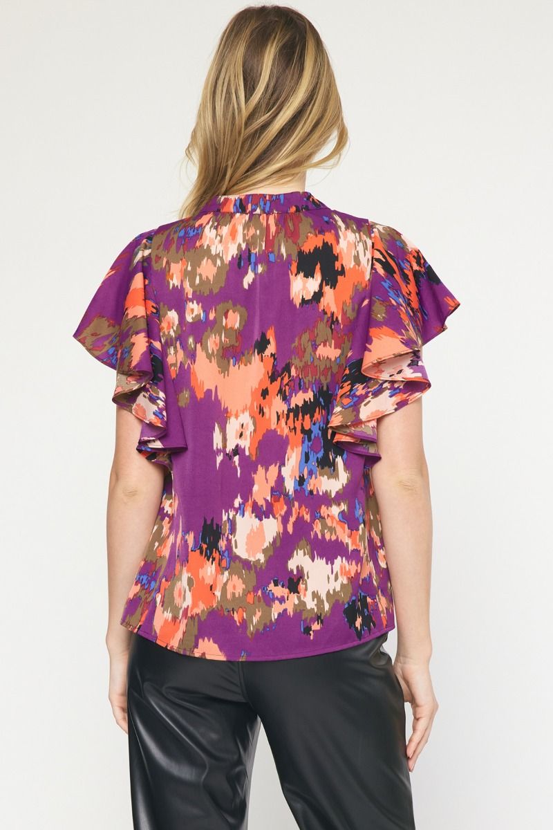 Entro Art Desires Top - Plum, plus size, black, pink, bold, graphic, sleeveless, flutter sleeve, buttons