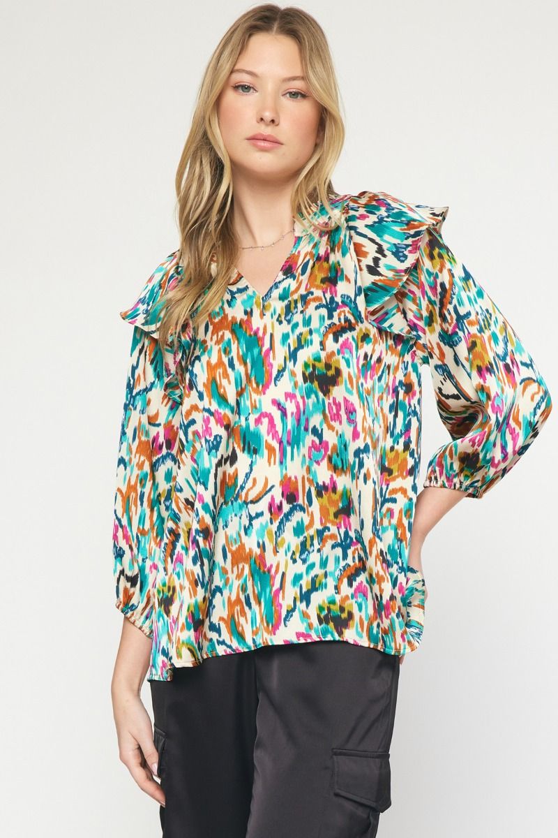 Entro Don't Turn Back Top - Ivory, long sleeve, printed, ruffle shoulders, v-neck with ruffles 