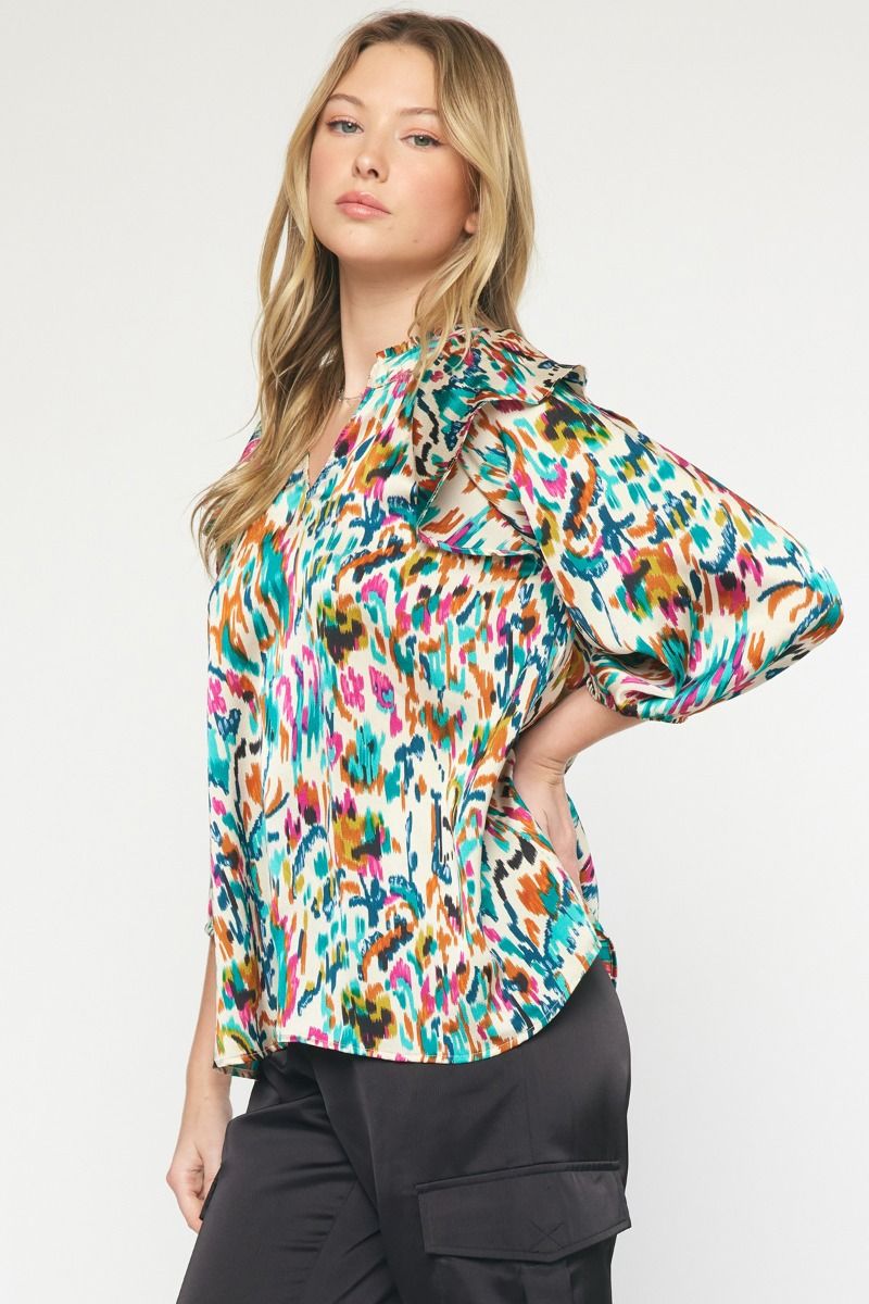 Entro Don't Turn Back Top - Ivory, long sleeve, printed, ruffle shoulders, v-neck with ruffles