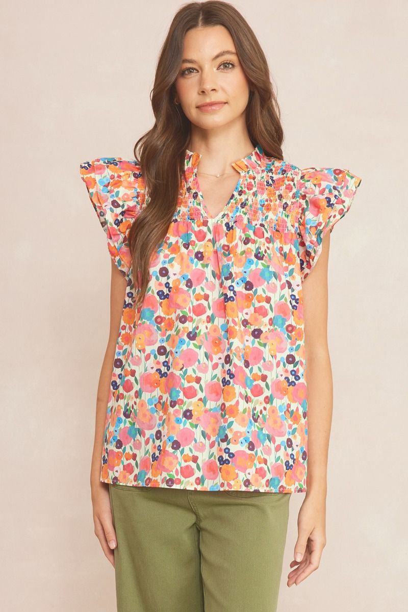 Entro Field of Dreams Top - Berry, short flutter sleeves, floral print, v-neck with ruffle collar, floral print, smocked top, plus