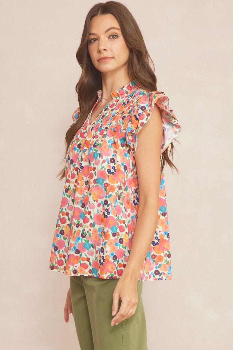 Entro Field of Dreams Top - Berry, short flutter sleeves, floral print, v-neck with ruffle collar, floral print, smocked top, plus