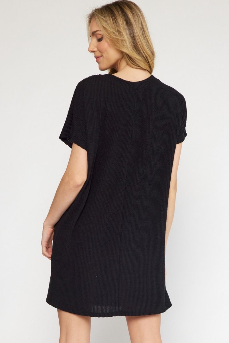 Entro Funday Dress - black, short sleeve, mini, ribbed, front pocket, curvy
