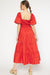 Entro Lagoon Dress- Red, short puff sleeve, square neck, smocked, tiered