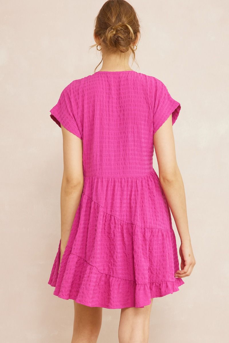 Entro Off The Grid Dress - Magenta, short sleeve, v-neck, grid pattern, ruffle bottom, curvy