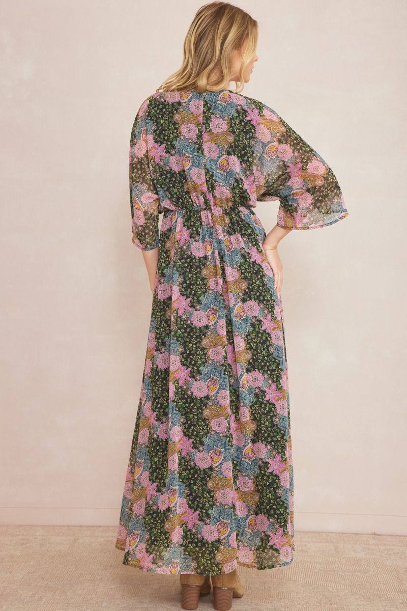 Entro Boho Vibes Maxi Dress- Dark Navy, short sleeve, v-neck floral print, plus
